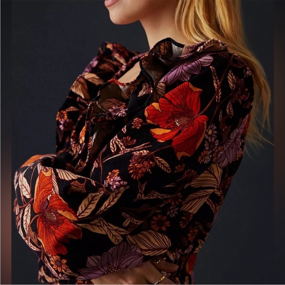 PILCRO TIERED CORDUROY RUFFLED FLORAL BOHO MINI DRESS medium BLACK long sleeve - Picture 5 of 15